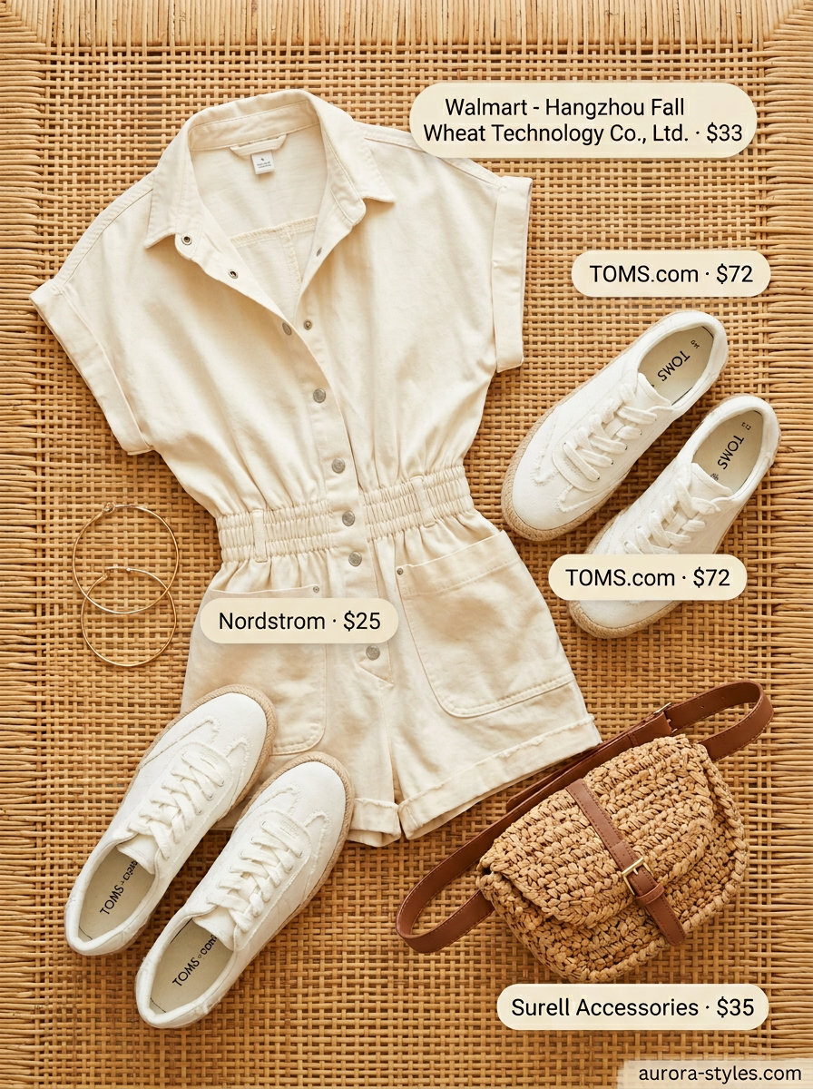 Summer vacation resort outfits for women 2026: Yellow utility romper, espadrilles, and raffia belt bag for island hopping.