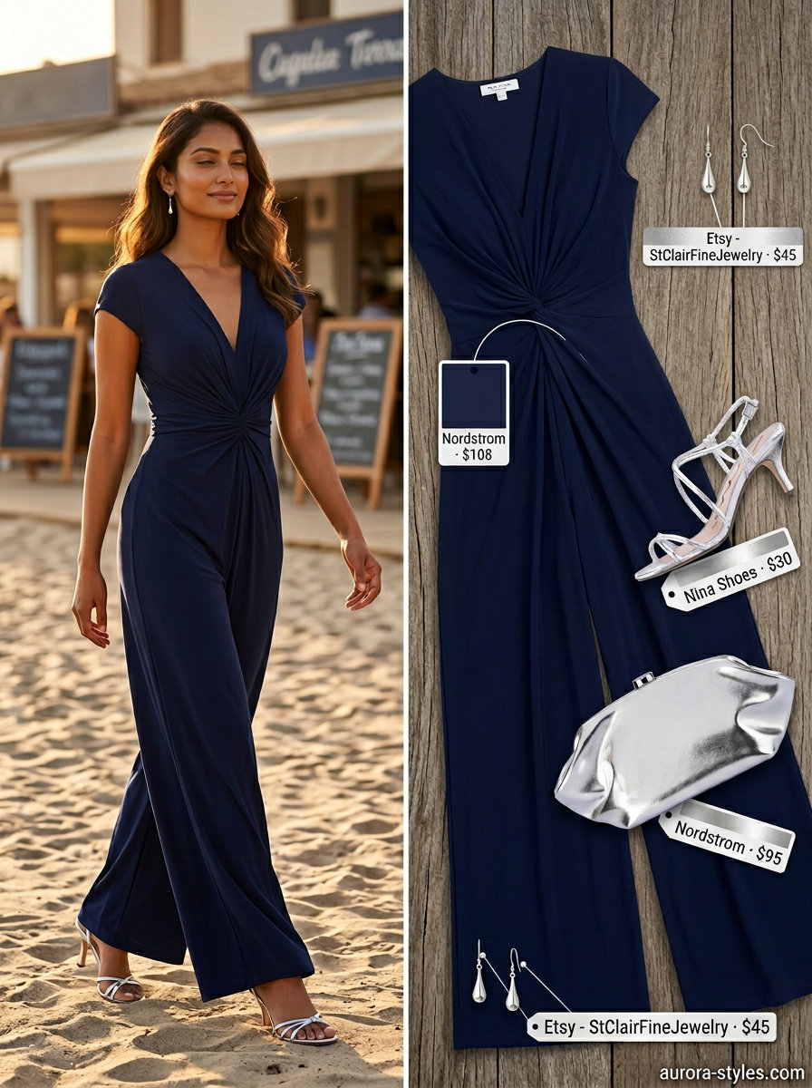 Navy wide-leg jumpsuit with silver sandals & clutch for elegant summer vacation resort outfits for women 2026.