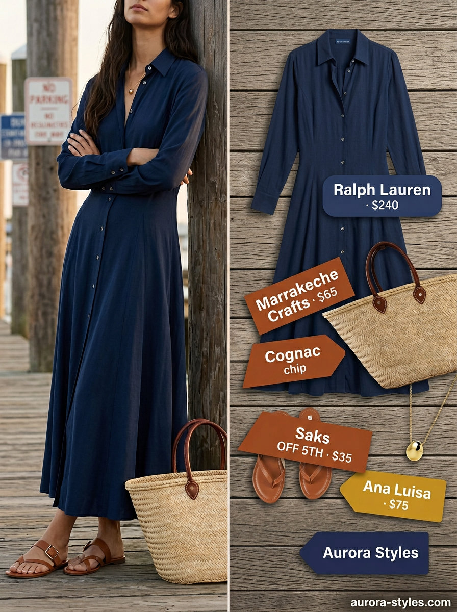 Navy midi shirt dress, straw tote, leather slides for summer vacation resort outfits for women 2026.