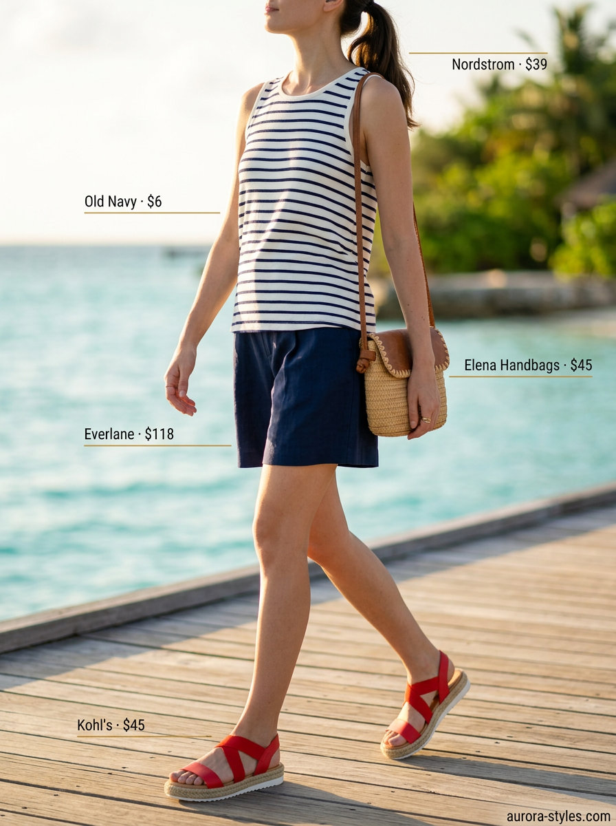 Navy paperbag shorts, striped knit top, red espadrilles for summer vacation resort outfits for women 2026.