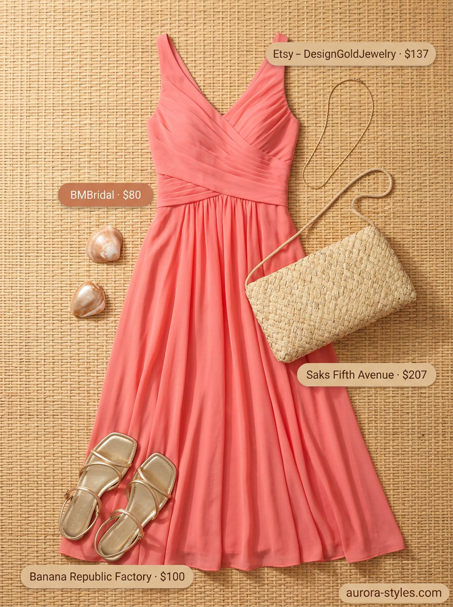 Coral crinkle chiffon maxi dress with gold jewelry for sophisticated summer vacation resort outfits for women 2026.