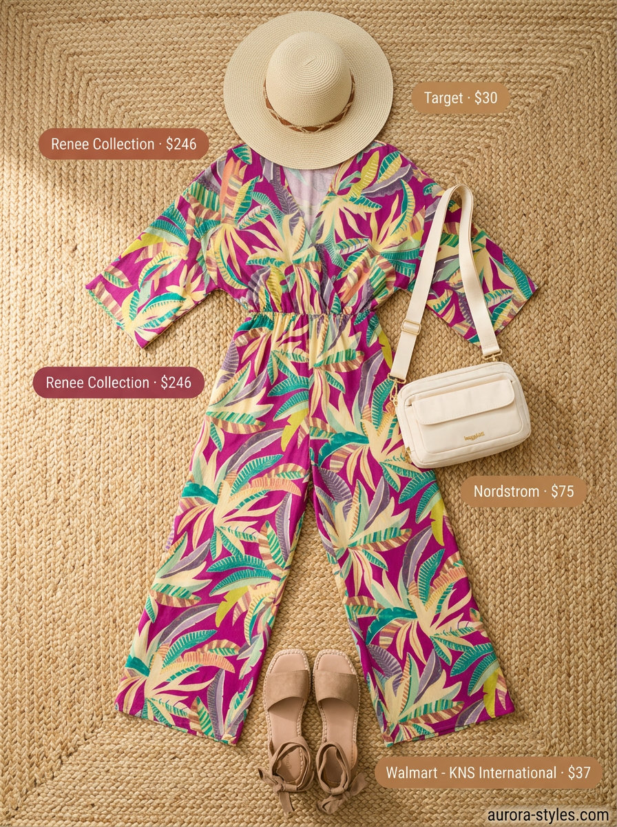 Coral tropical print jumpsuit with straw hat for adventurous summer vacation resort outfits for women 2026.