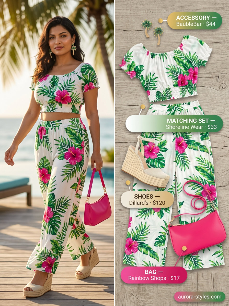 Tropical floral matching set, fuchsia bag, gold earrings for summer vacation resort outfits for women 2026.