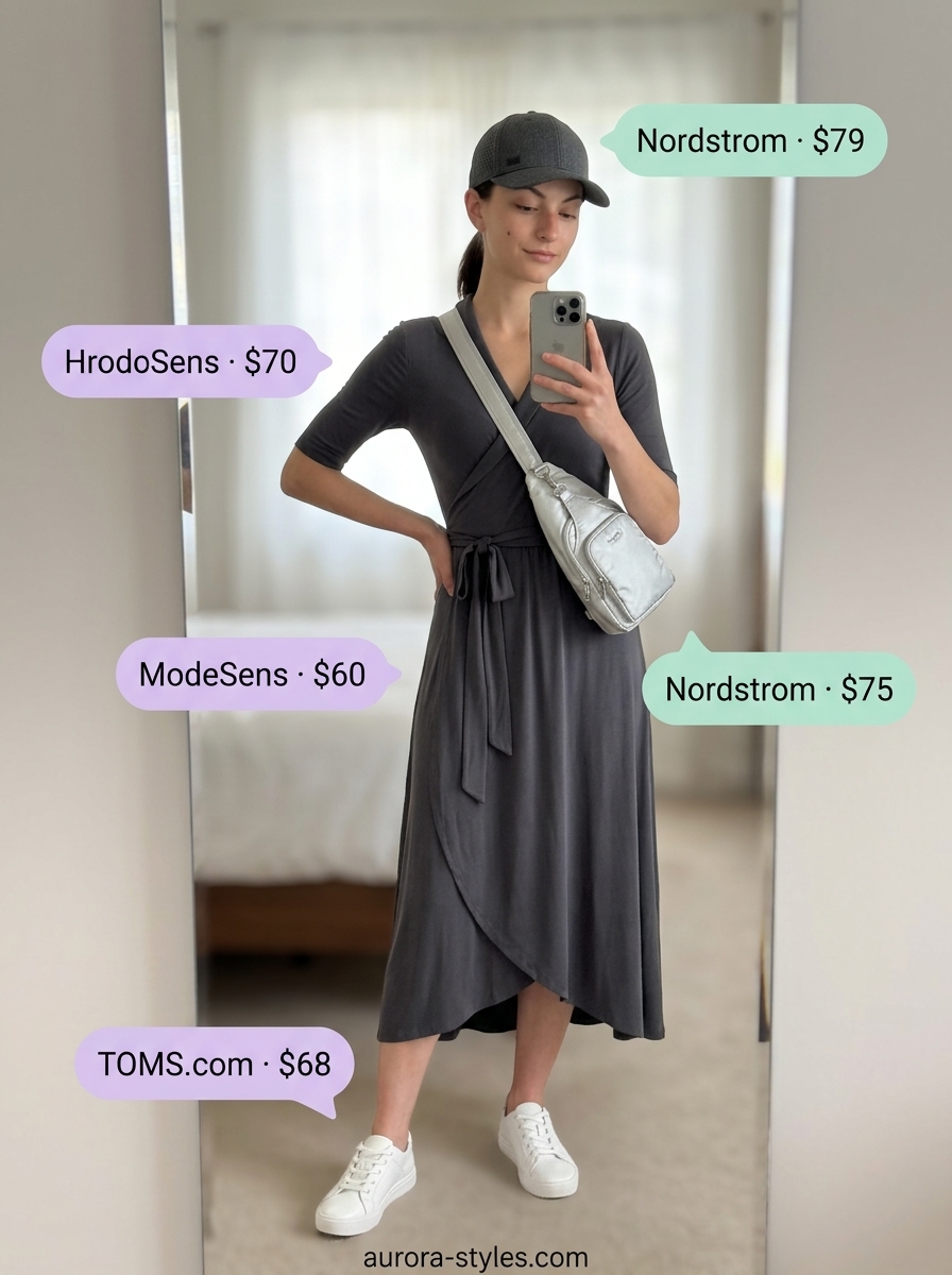 Comfortable charcoal grey jersey wrap dress for athleisure. Sporty chic outfit with sneakers & belt bag.