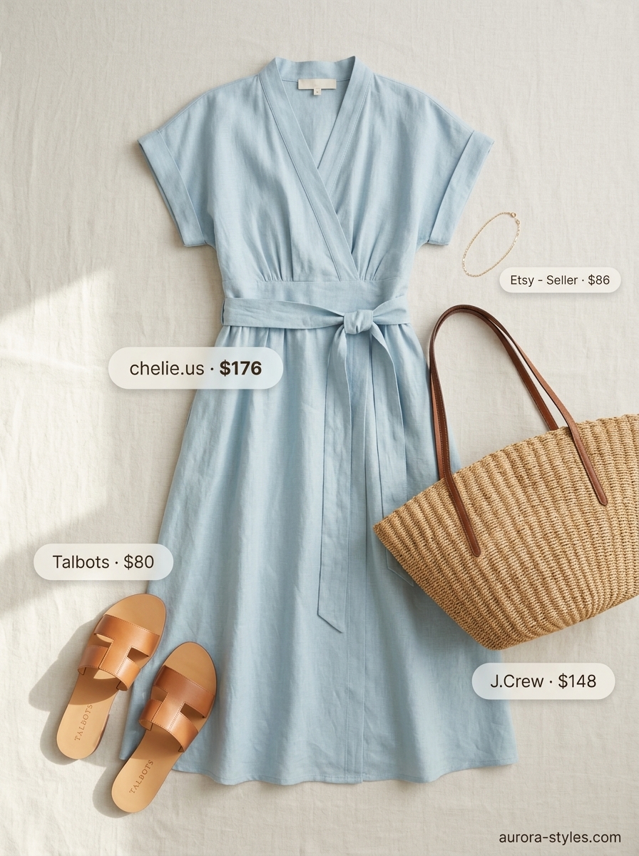 Effortless sky blue linen wrap dress for beach days. Relaxed outfit with slides & straw tote.