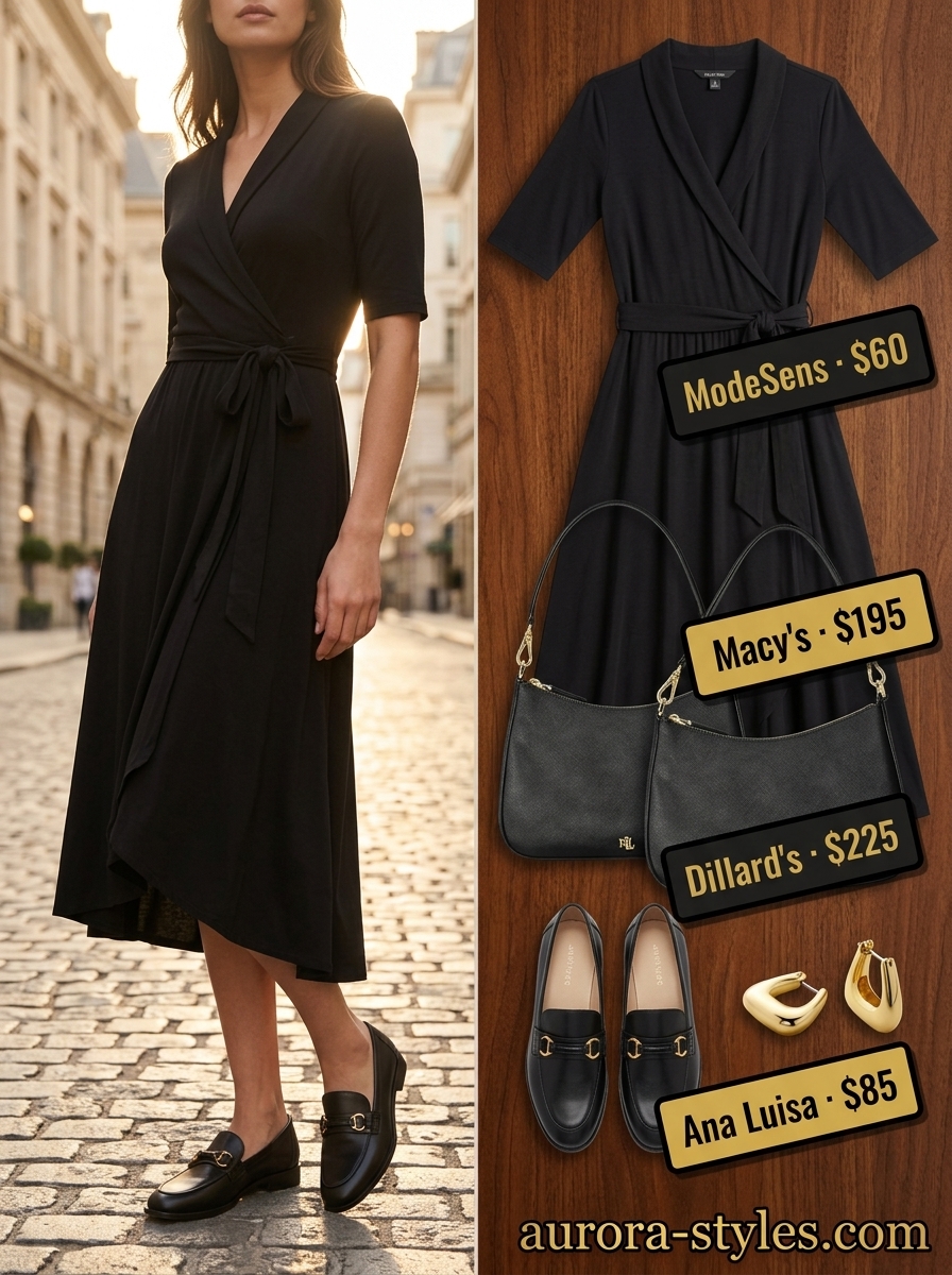 Chic black jersey midi wrap dress outfit for women 2026, perfect for city outings and casual work days.