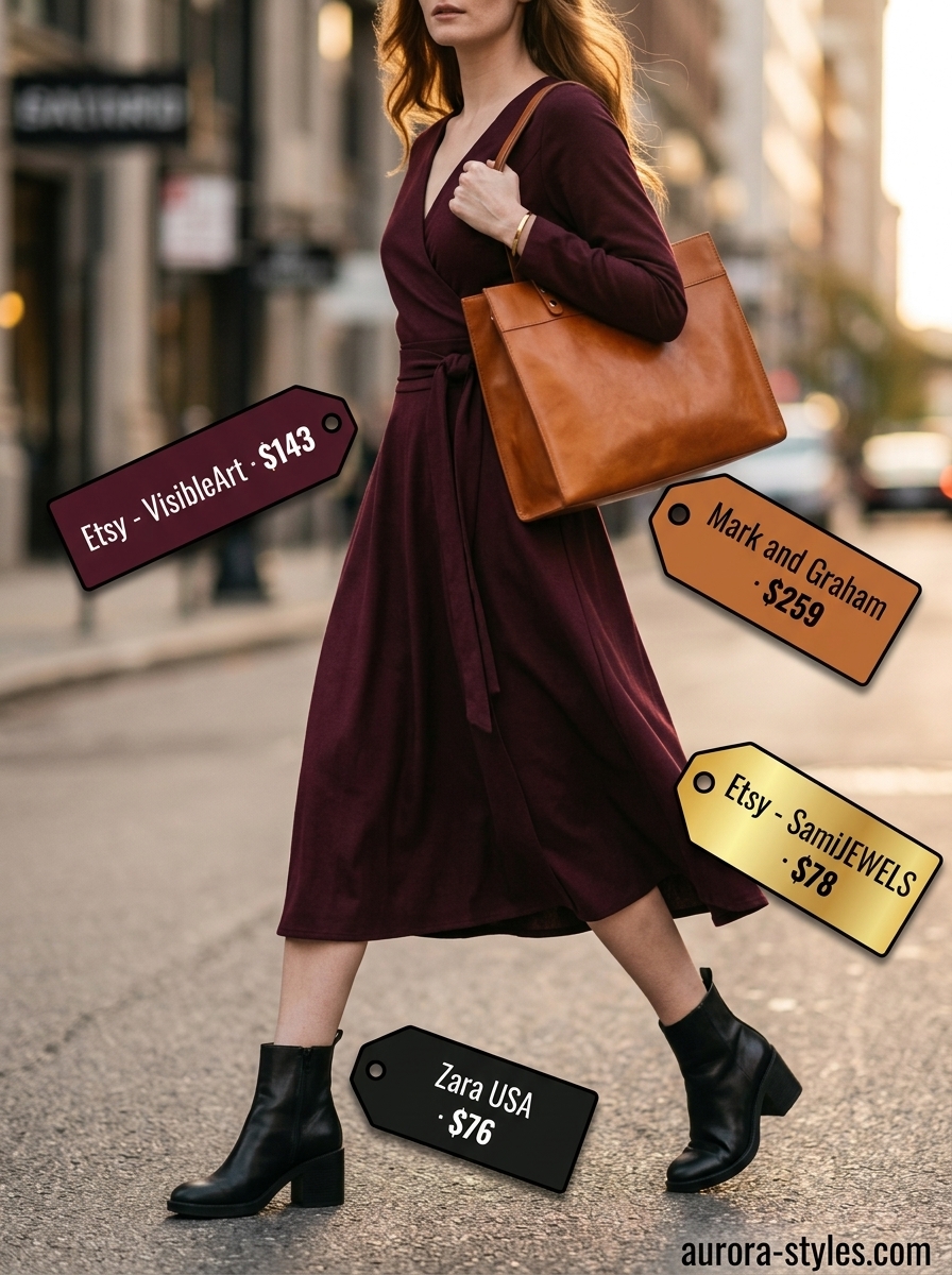 Elegant burgundy wool blend midi wrap dress outfit for women 2026, perfect for fall events and office wear.