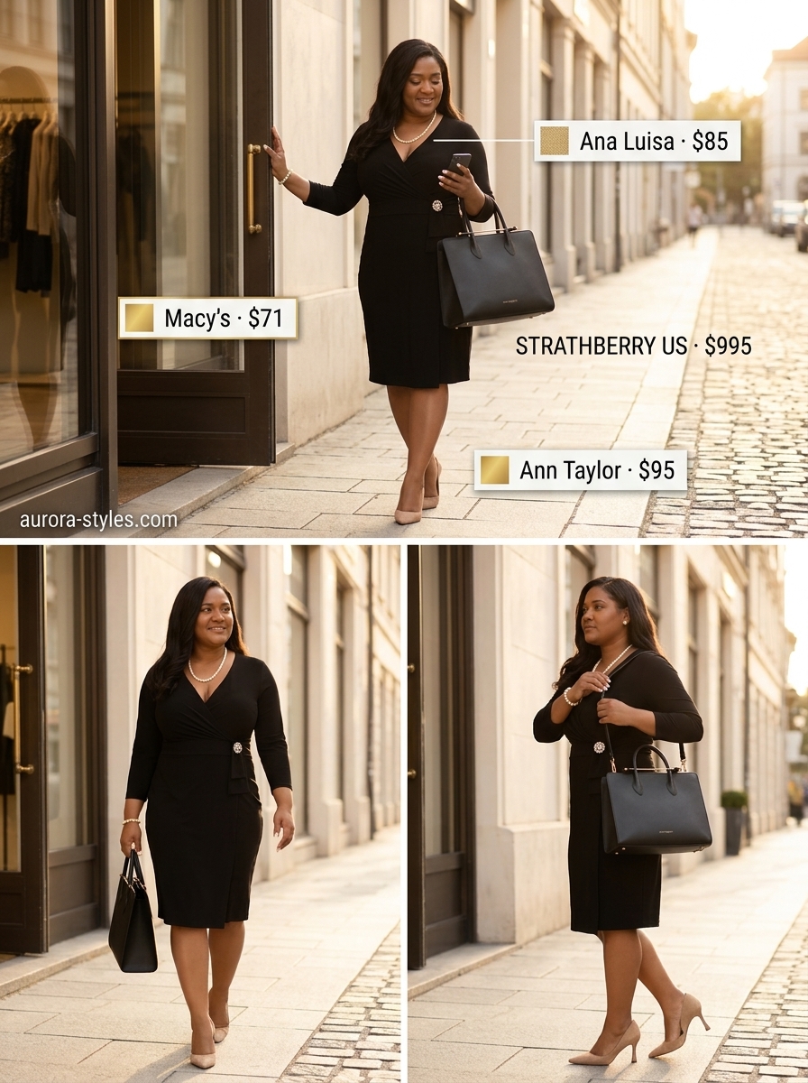 Chic black knee-length wrap dress for business casual or evening events. Modern outfit with pumps & tote.