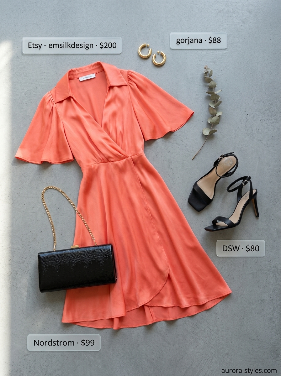 Vibrant coral charmeuse midi wrap dress outfit for women 2026, ideal for cocktail parties and dinner dates.