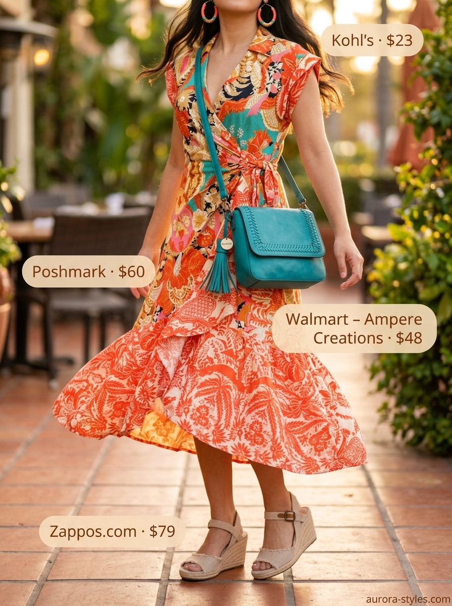 Vibrant coral floral print midi wrap dress outfit for women 2026, perfect for summer fiestas and casual parties.