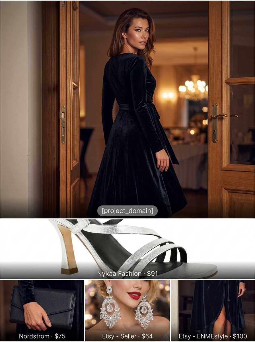 Elegant black velvet wrap dress for evening events. Sophisticated outfit with strappy heels & clutch.