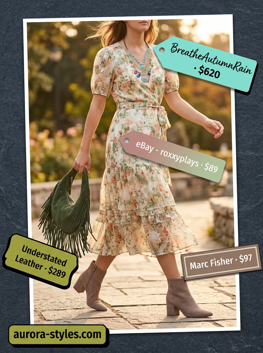 Bohemian muted pink floral midi wrap dress outfit for women 2026, ideal for summer festivals and outdoor gatherings.