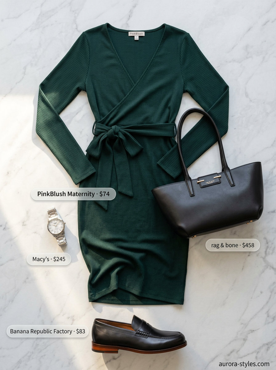 Polished forest green wrap dress outfit for women 2026, perfect for office wear and business casual.