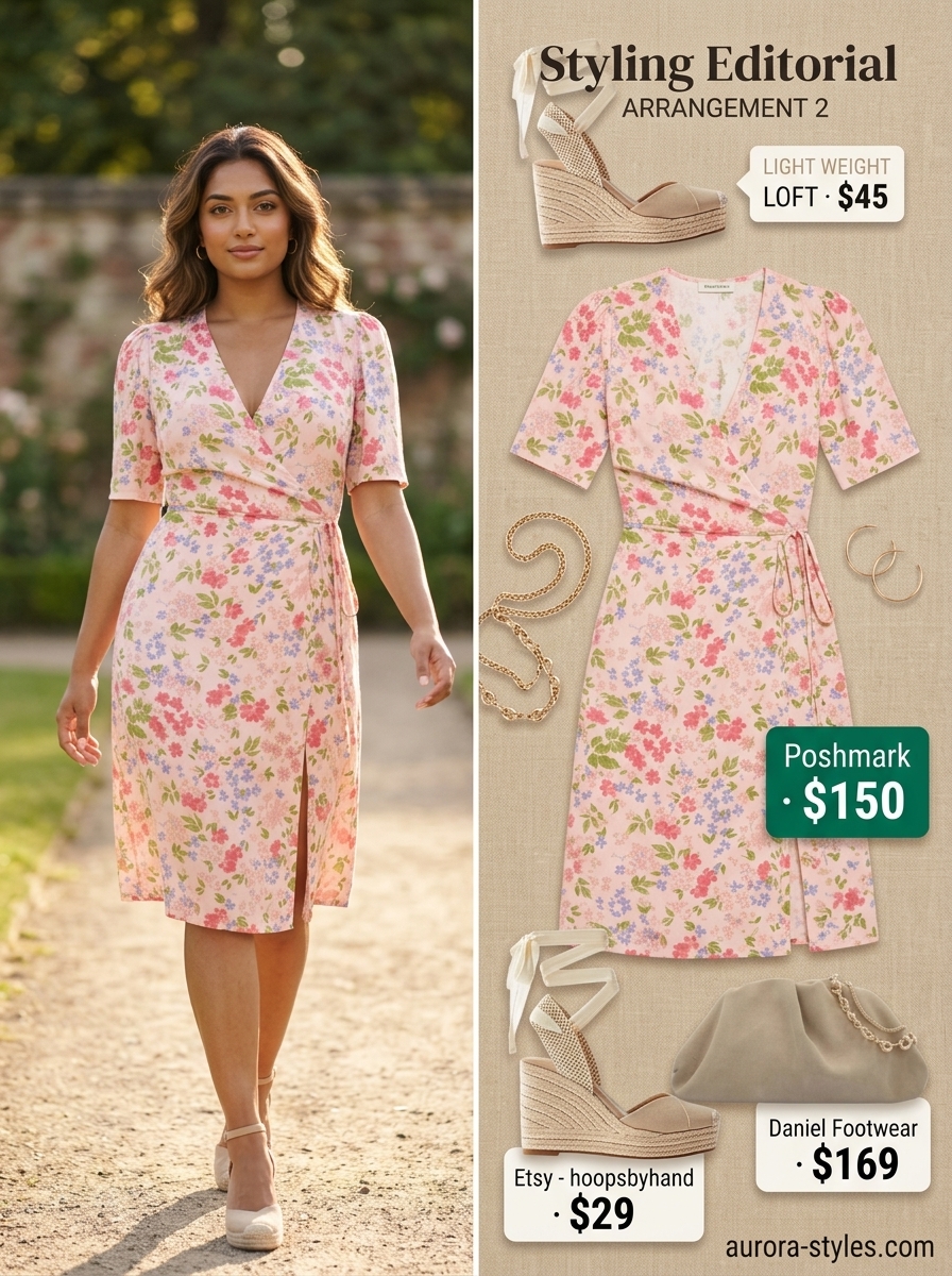 Pastel pink floral midi wrap dress for summer garden parties. Chic outfit with espadrilles & clutch.