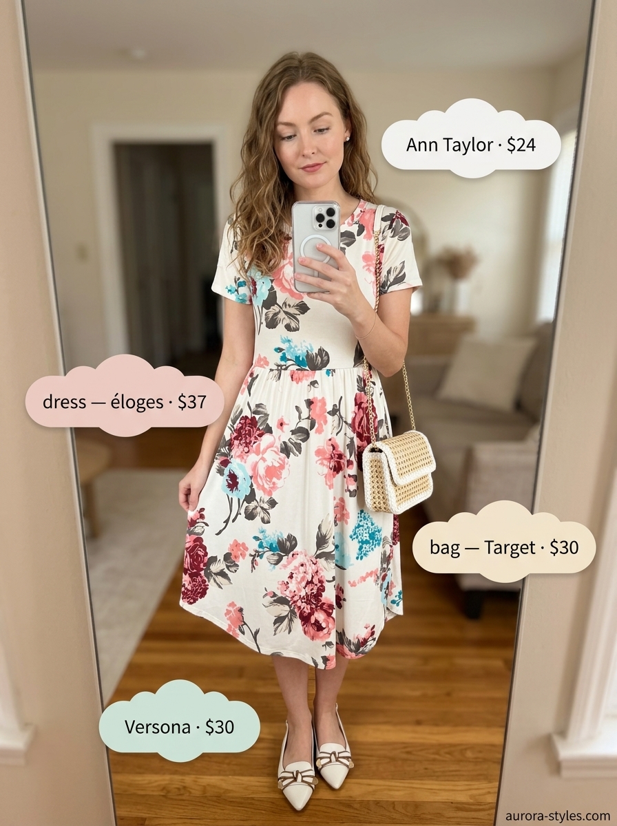 Feminine pastel floral midi wrap dress for garden parties. Sweet outfit with ballet flats & straw bag.