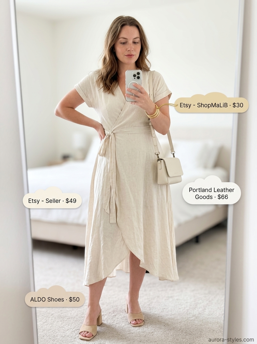Modern ivory wrap dress outfit for women 2026, perfect for minimalist style and day-to-night looks.