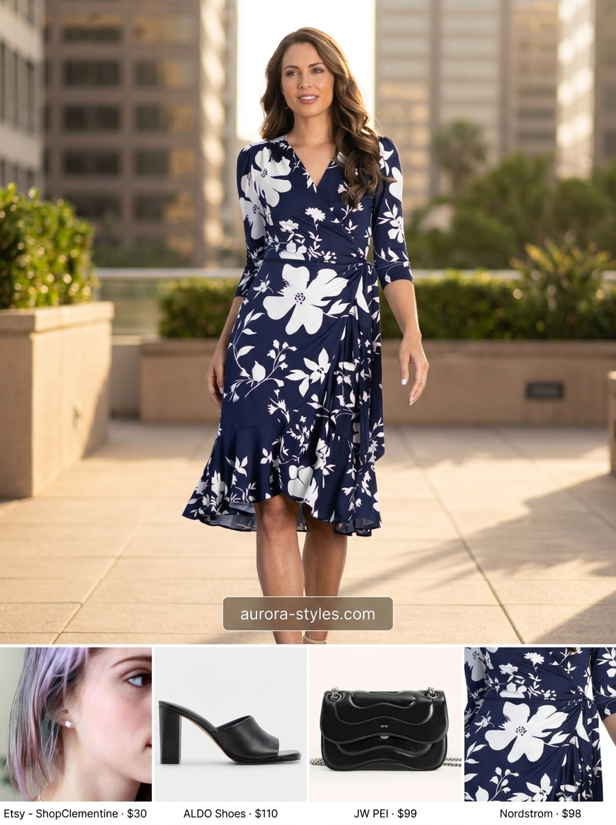 Sophisticated navy floral wrap dress outfit for women 2026, perfect for office casual or date night.