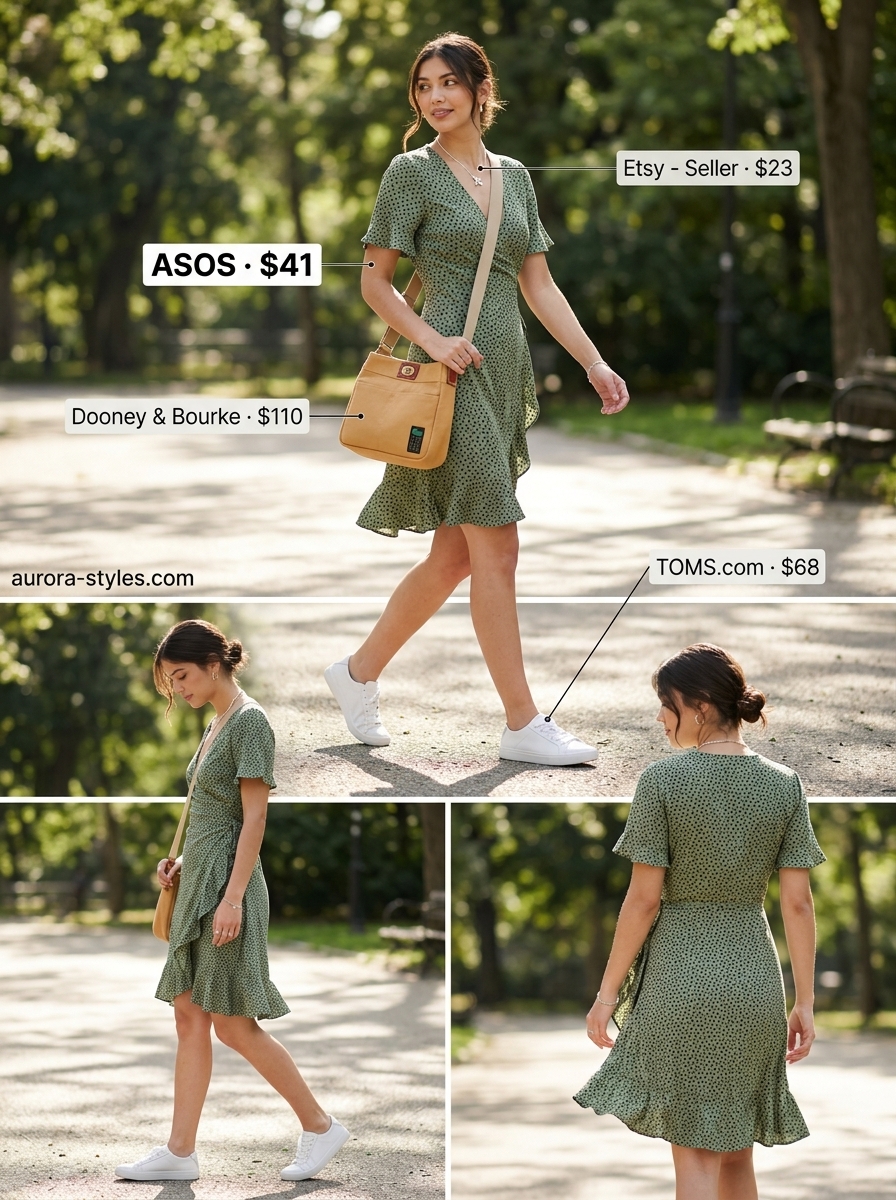 Casual olive green abstract print wrap dress outfit for women 2026, great for summer day outs and lunch.