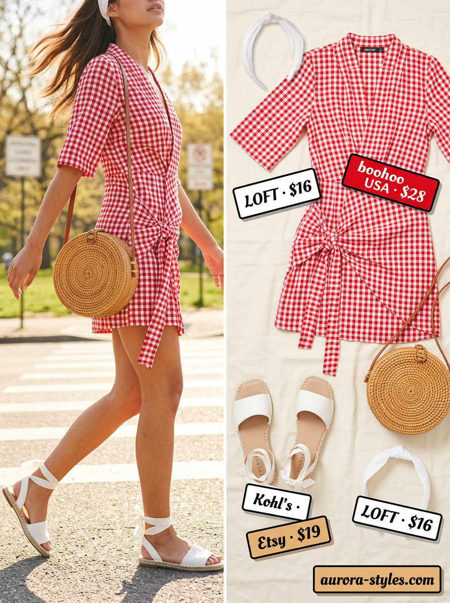 Playful red gingham mini wrap dress for summer picnics. Retro outfit with straw bag & espadrilles.