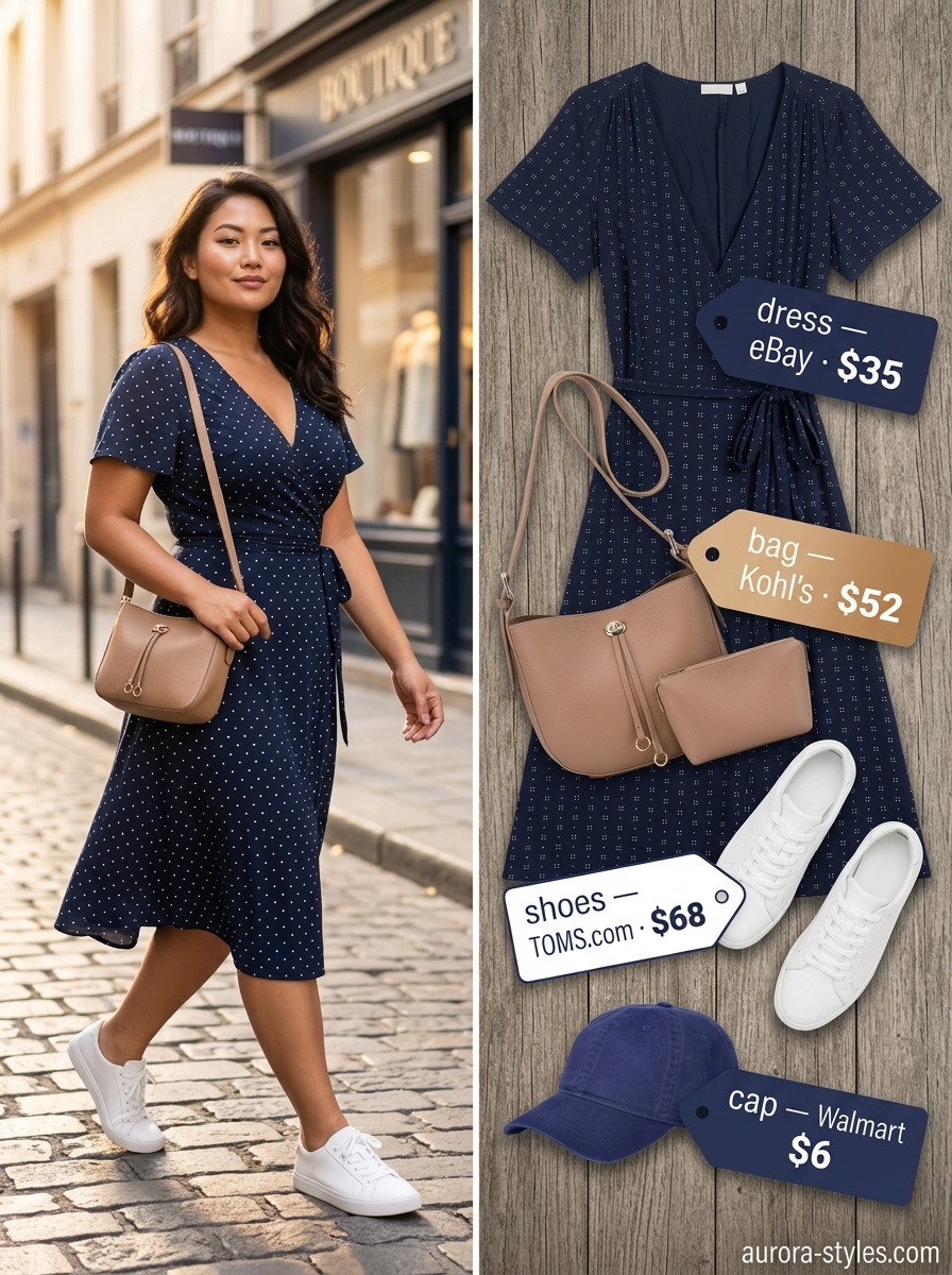 Playful navy polka dot wrap dress outfit for women 2026, great for weekend errands and casual brunch.
