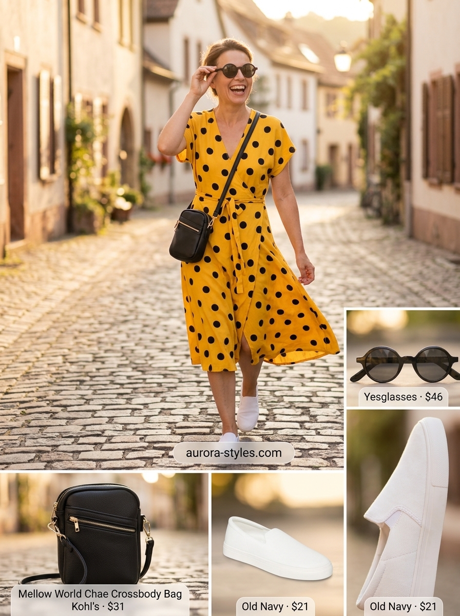Playful yellow polka dot wrap dress for summer outings. Cheerful outfit with sneakers & crossbody bag.