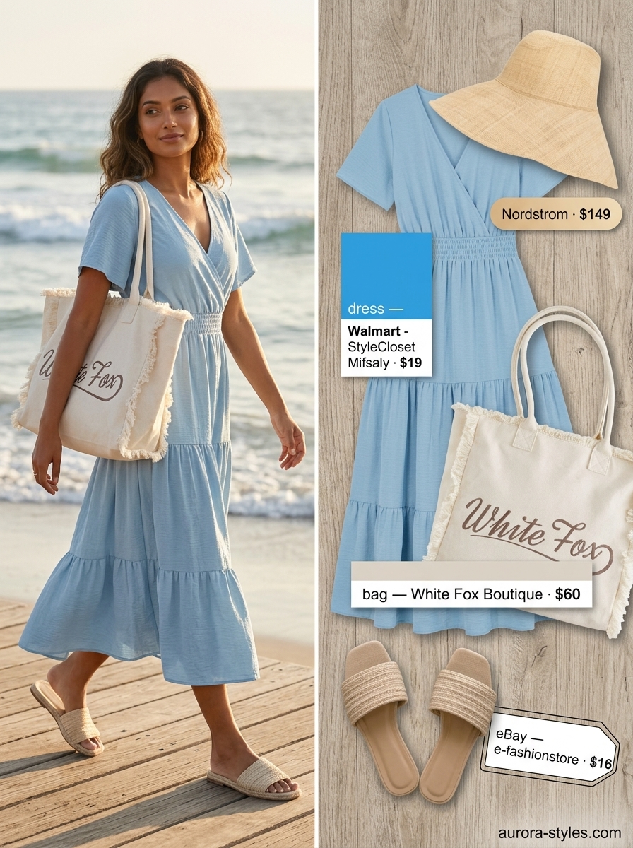 Relaxed sky blue wrap dress outfit for women 2026, perfect for beach vacations and casual summer outings.