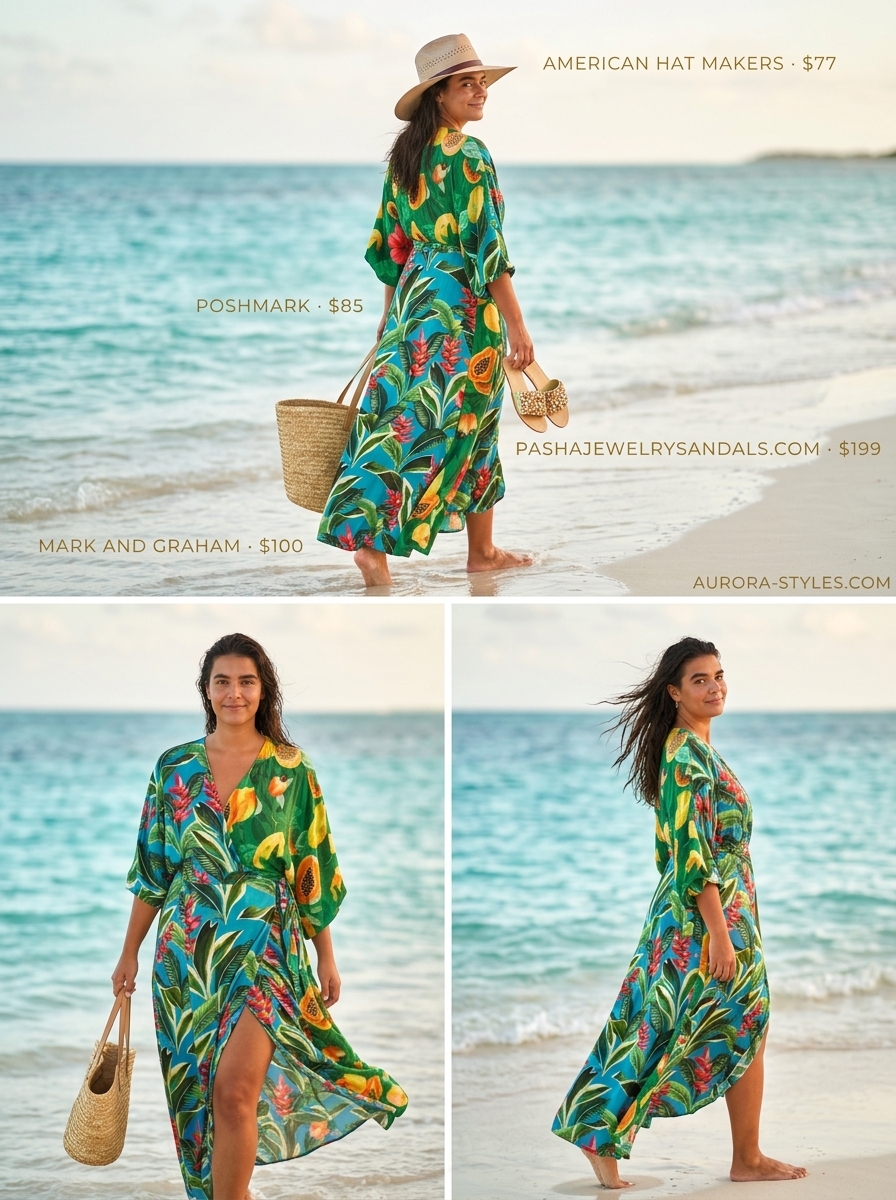 Vibrant teal tropical wrap dress outfit for women 2026, perfect for tropical vacations and beach resorts.