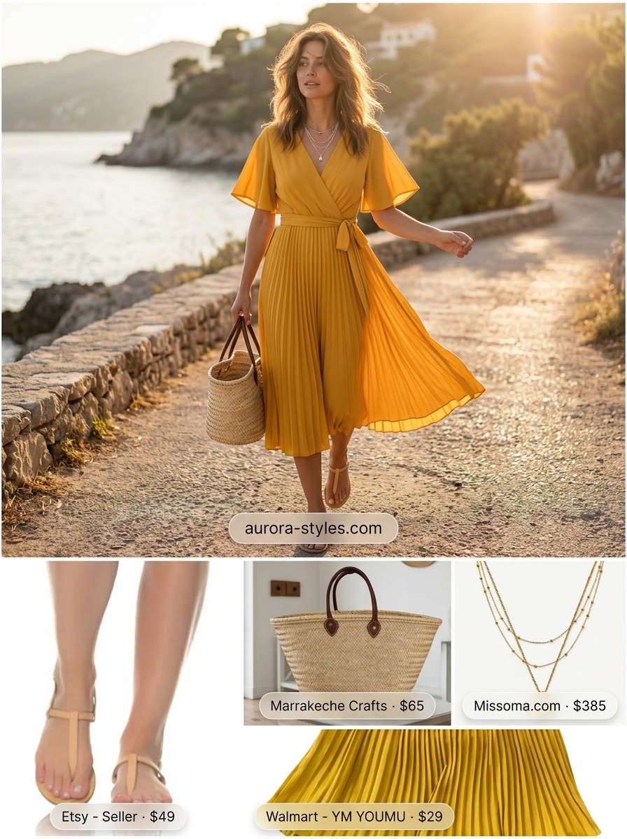 Sunny marigold yellow wrap dress for vacation. Relaxed outfit with leather sandals & straw tote.
