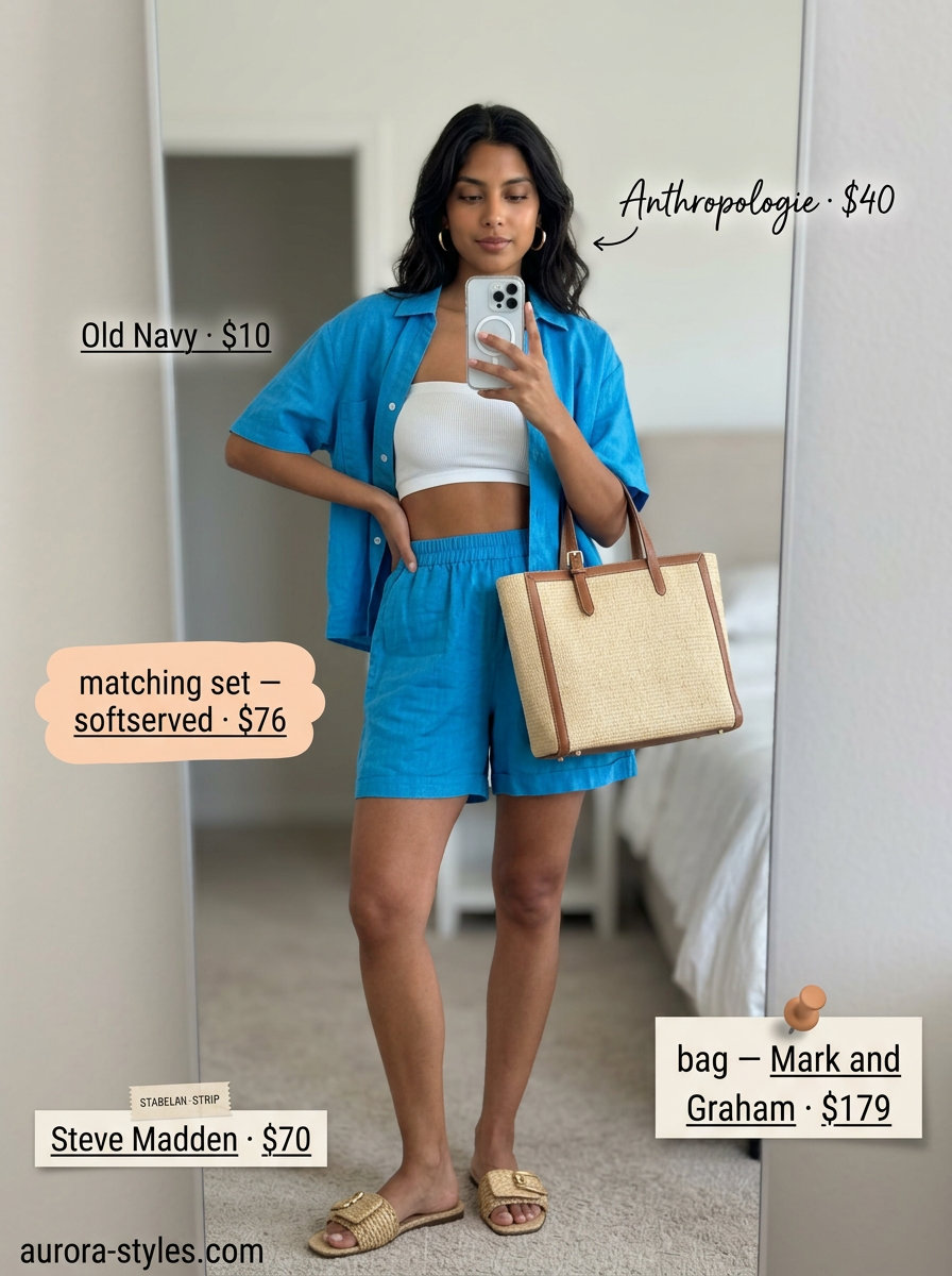 Azure blue linen shorts set with white bandeau top and raffia sandals for trendy summer wardrobe 2026 women.