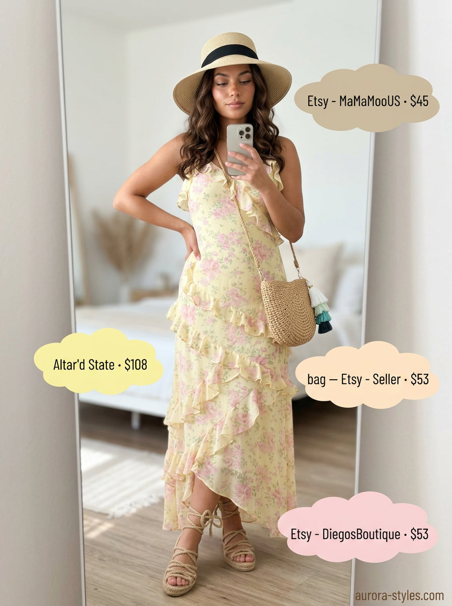 Boho beach outfit: floral maxi dress, straw hat, straw crossbody bag, espadrille sandals.