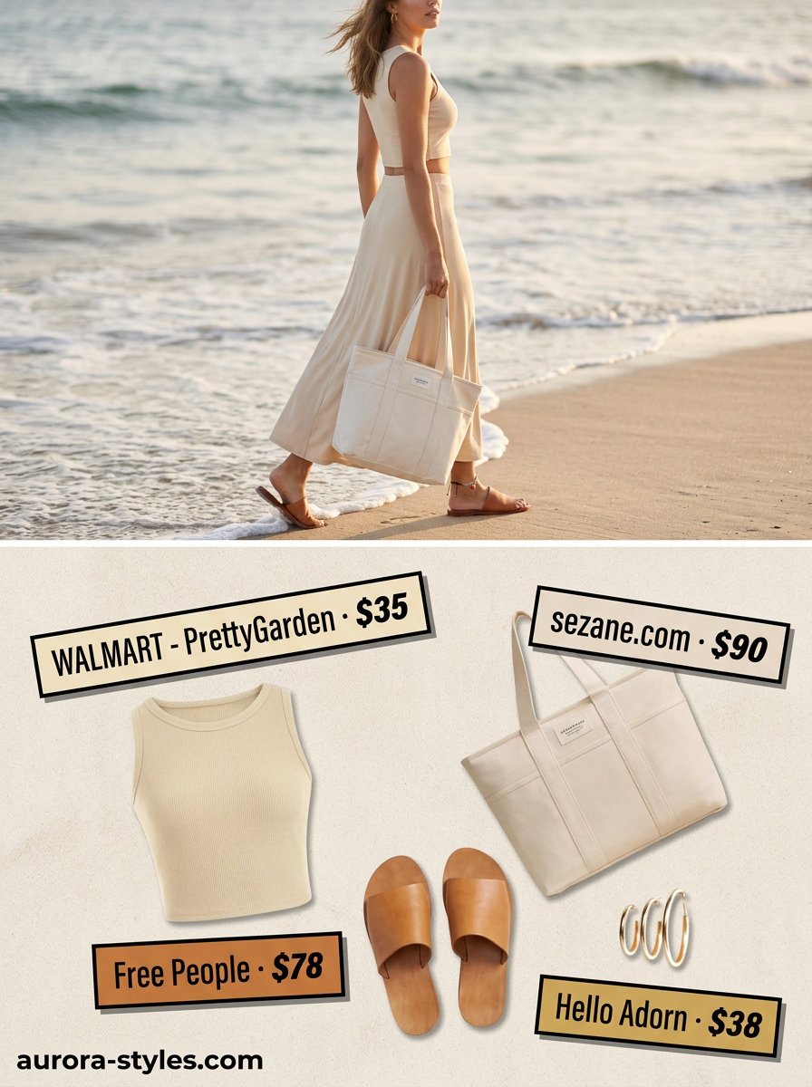 Sandy beige matching set, brown slides, and canvas tote for trendy summer wardrobe ideas 2026 women.