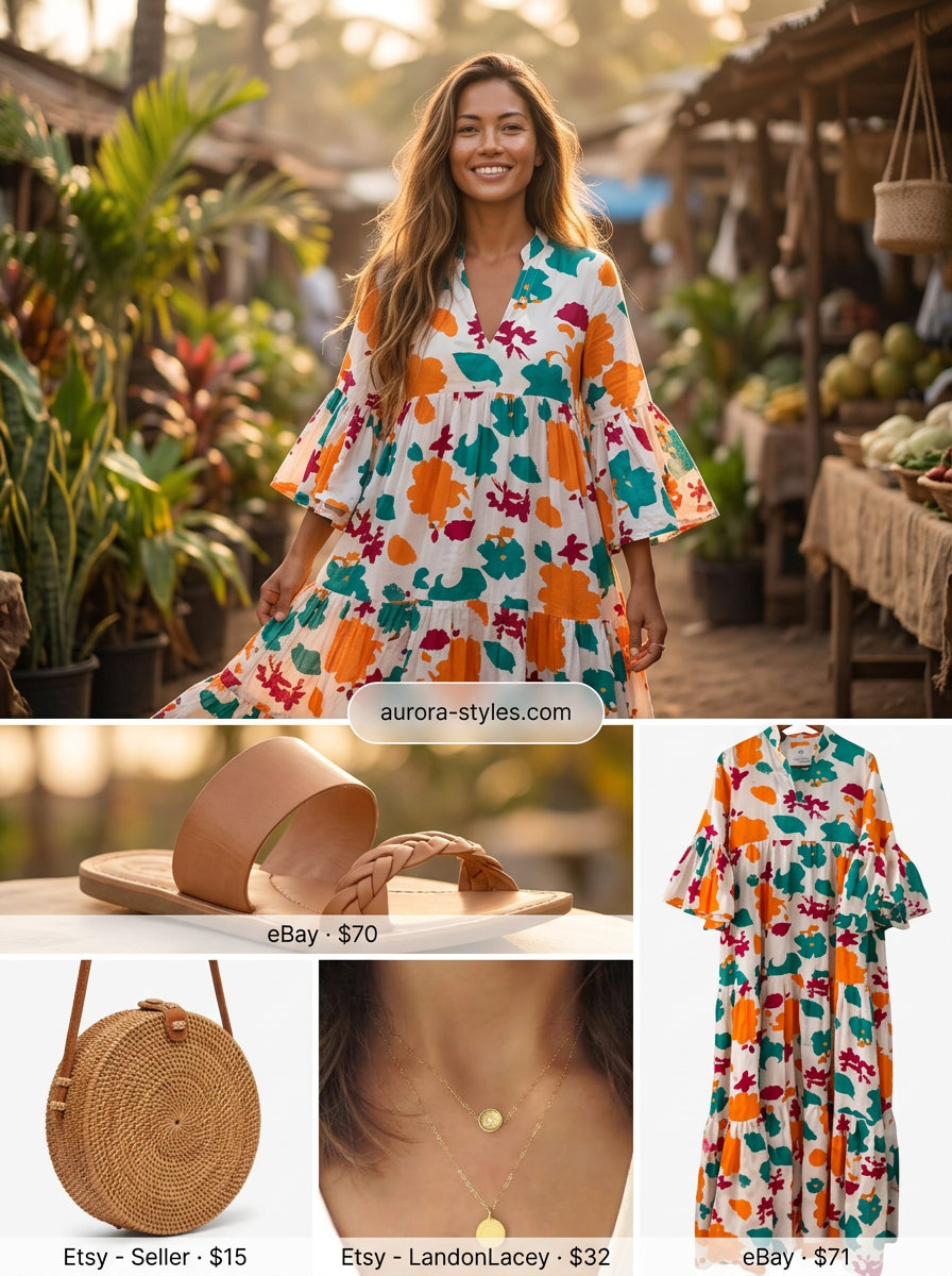 Terracotta maxi dress with tan sandals and rattan bag for trendy summer wardrobe 2026 women.