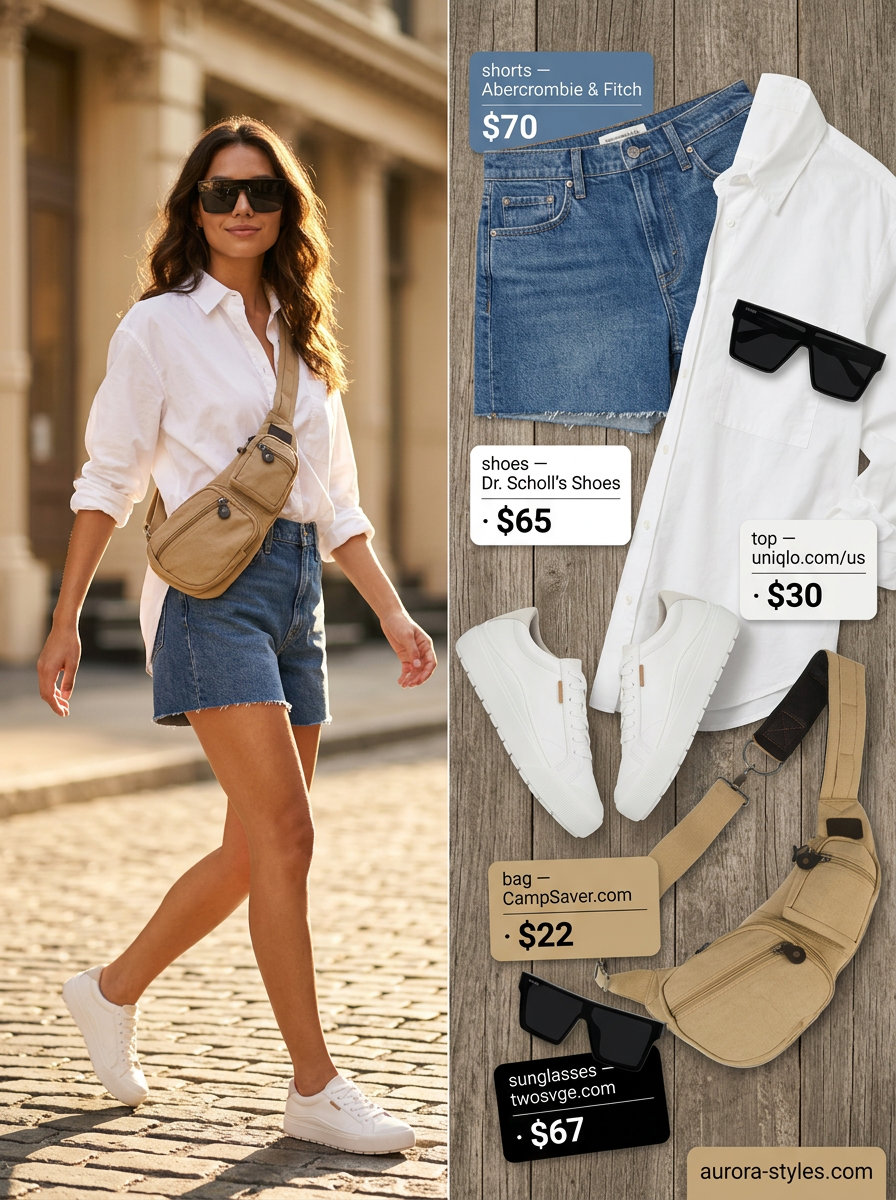City casual outfit: raw-hem denim shorts, white oversized shirt, khaki crossbody bag, black sunglasses, white sneakers.