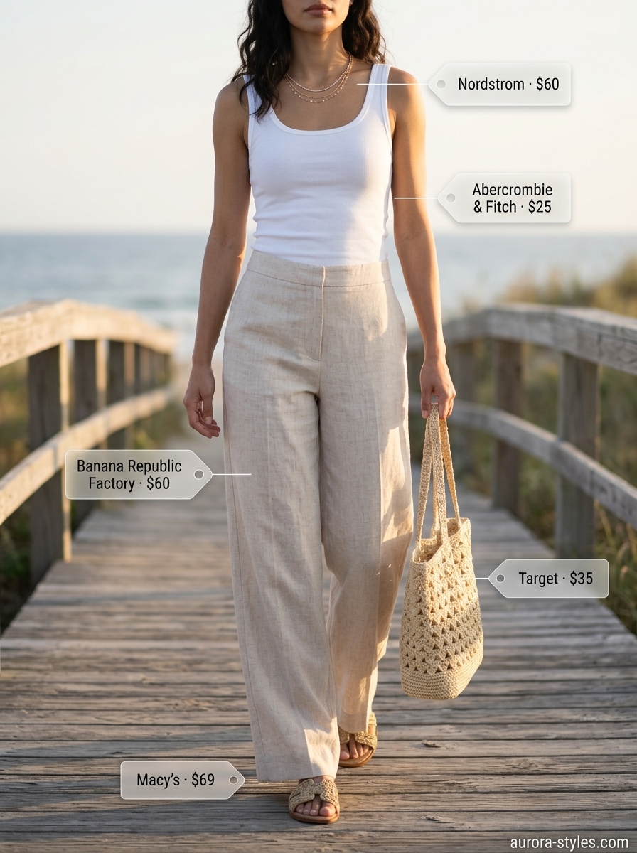 Oatmeal linen pants, white tank top, and straw tote for trendy summer wardrobe ideas 2026 women.