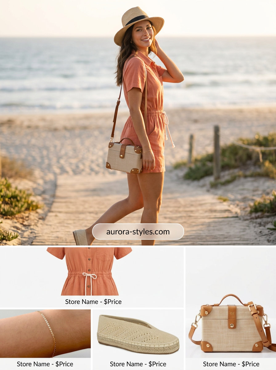 Bright coral utility romper with cream espadrilles and raffia bag for trendy summer wardrobe 2026 women.