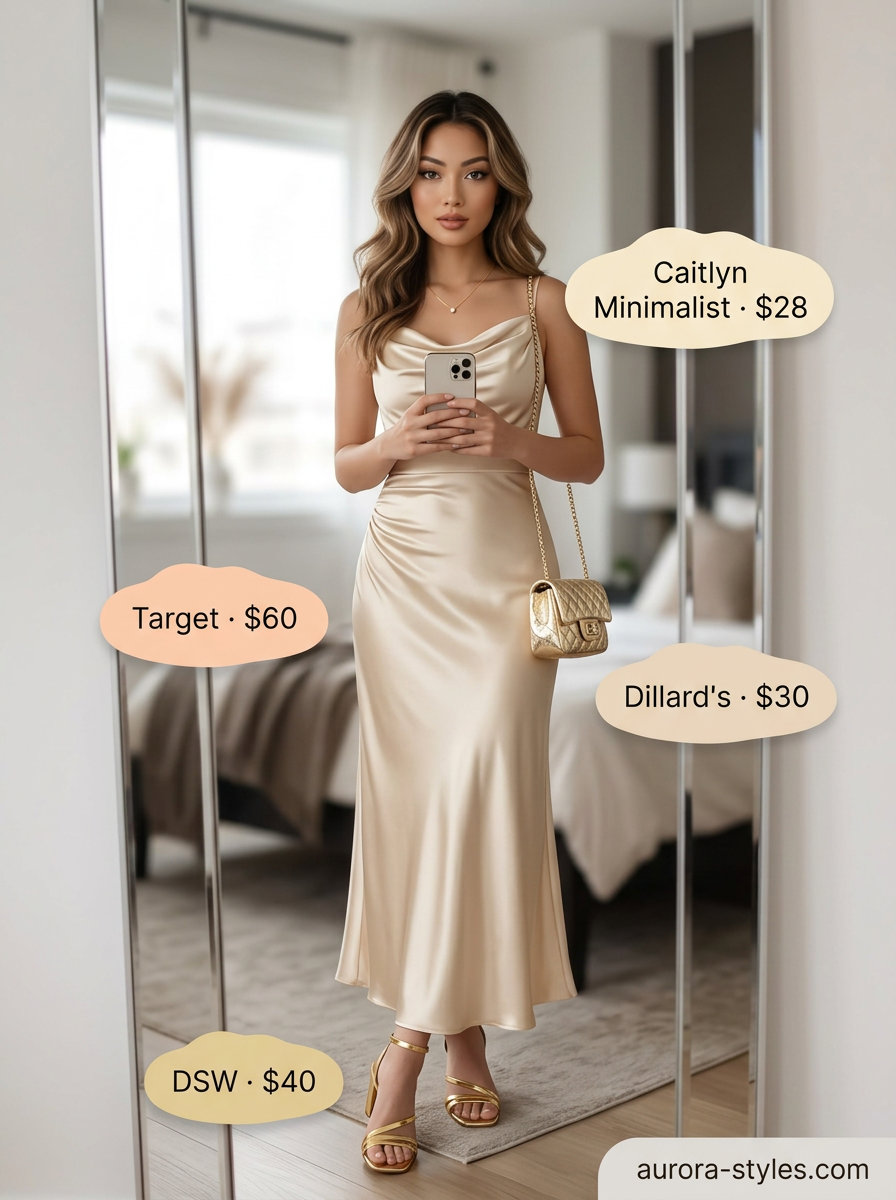 Date night outfit: champagne satin slip dress, bronze strappy heels, gold pendant necklace, gold mini shoulder bag.