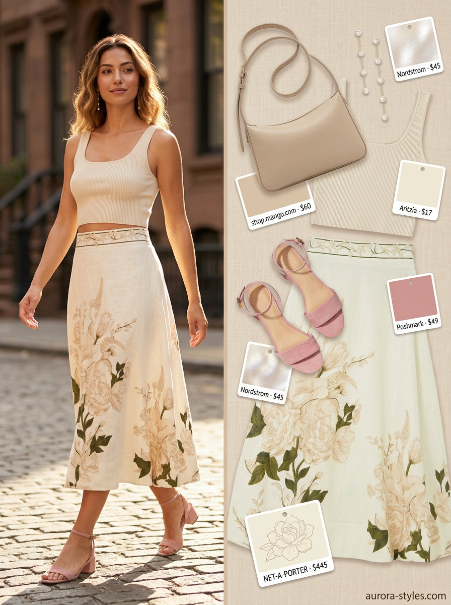 Garden party outfit: floral A-line midi skirt, cream knit top, blush pink sandals, structured top-handle bag, pearl earrings.