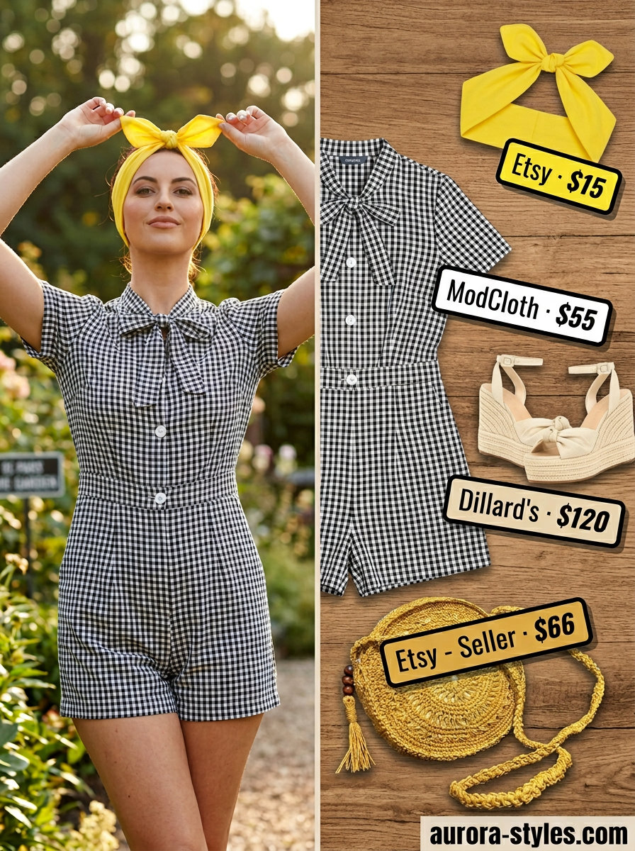 Gingham romper, lemon yellow headscarf, and straw crossbody bag for trendy summer wardrobe ideas 2026 women.