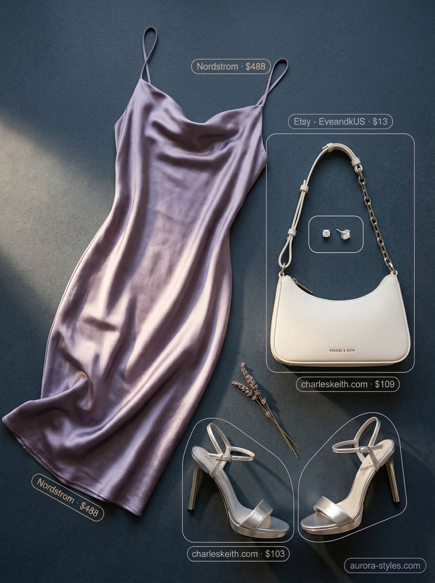 Lavender slip dress with silver strappy sandals for trendy summer wardrobe 2026 women.