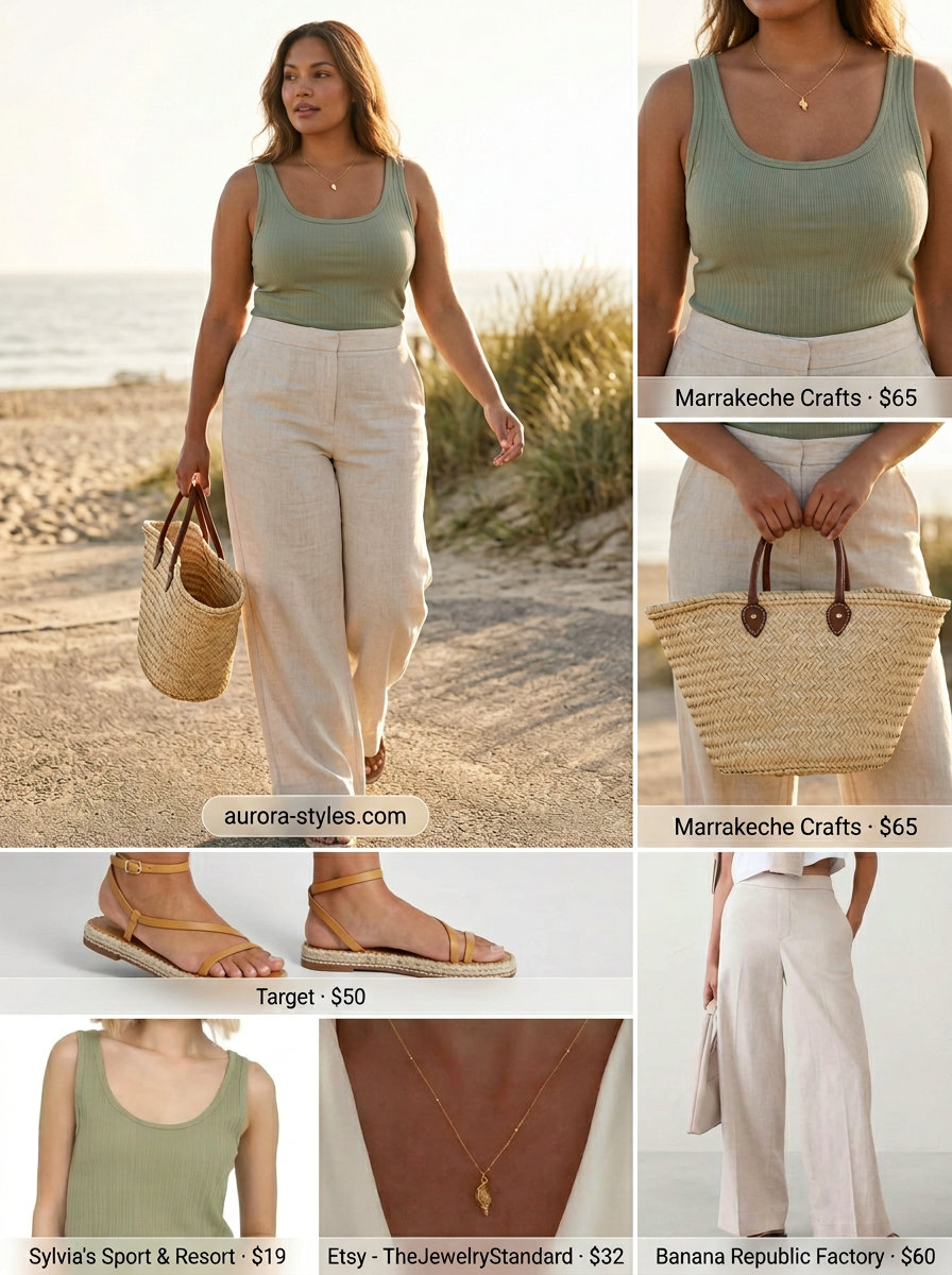 Natural linen wide-leg trousers with sage green ribbed tank and tan espadrilles for trendy summer wardrobe 2026 women.