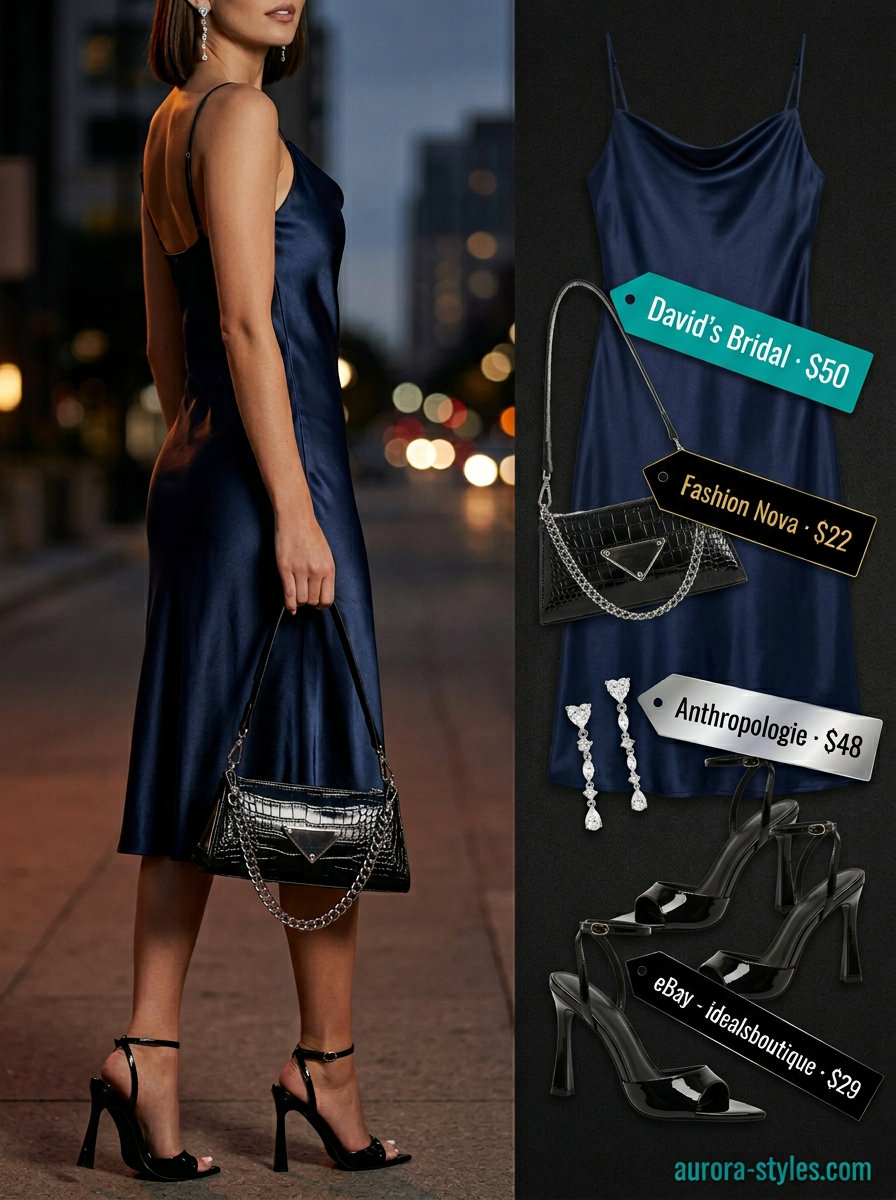 Deep teal satin slip dress, black strappy sandals, and silver drop earrings for trendy summer wardrobe 2026 women.