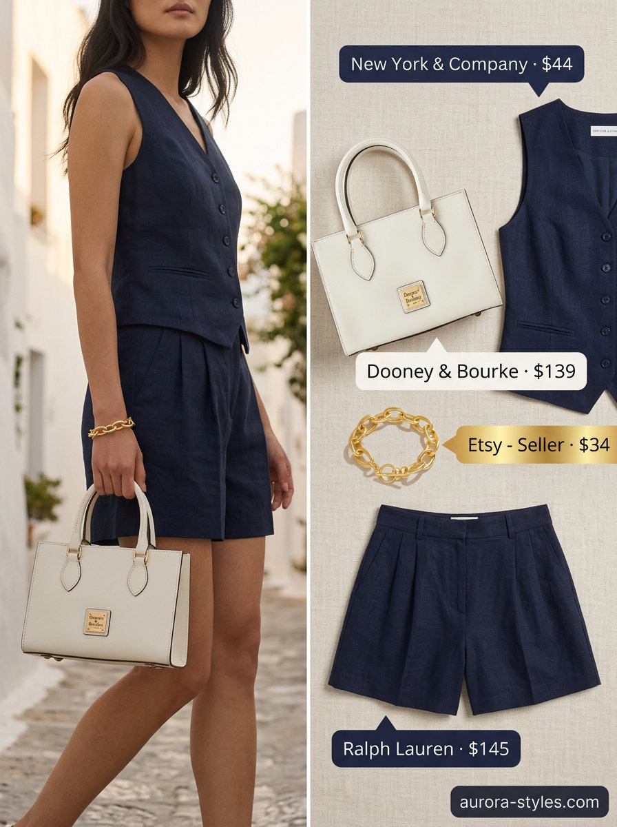 Navy linen shorts and vest set with white heeled mules for trendy summer wardrobe 2026 women.