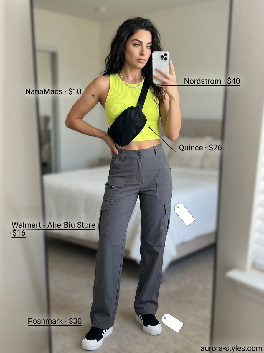 Neon yellow crop top with charcoal gray cargo pants and chunky sneakers for trendy summer wardrobe 2026 women.
