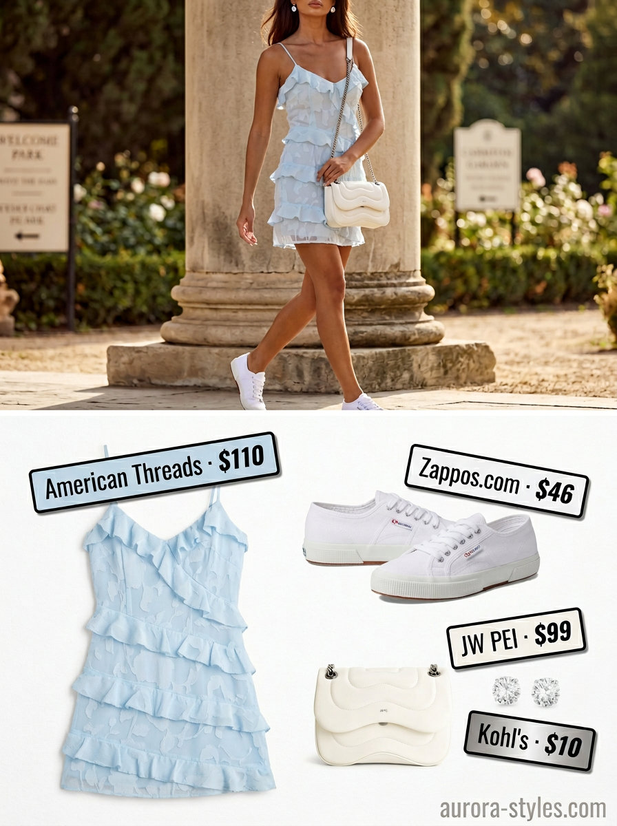 Pastel blue sundress, white sneakers, and silver crossbody bag for trendy summer wardrobe ideas 2026 women.