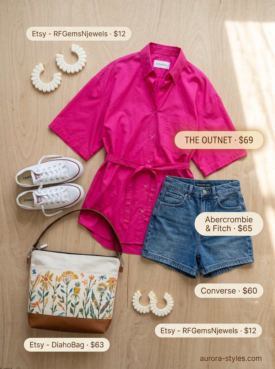 Retro festival outfit: distressed denim shorts, bright pink oversized shirt, white sneakers, canvas crossbody bag, resin earrings.