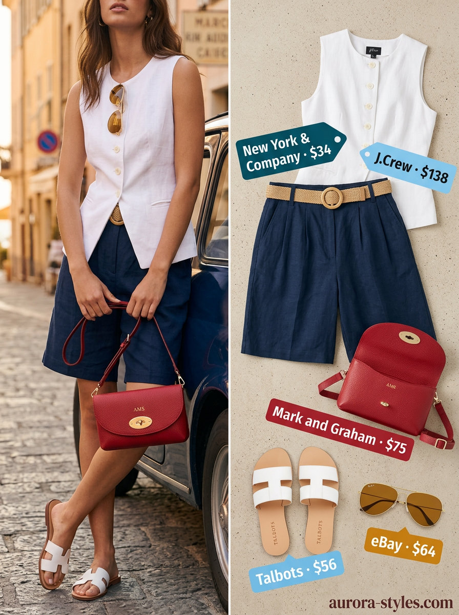 Riviera chic outfit: navy Bermuda shorts, white vest top, cherry red crossbody bag, flat sandals, aviator sunglasses.