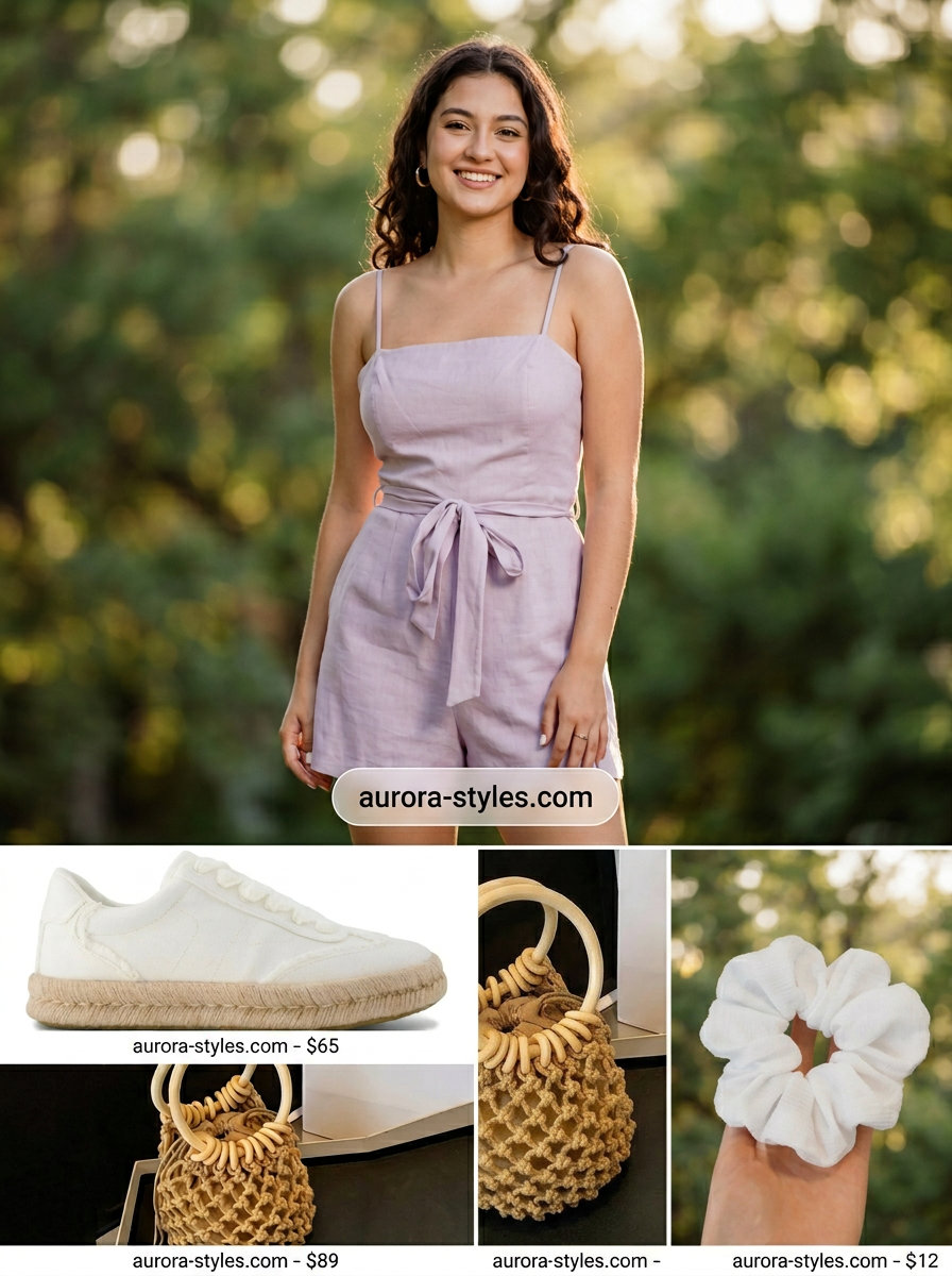 Weekend romper outfit: lavender linen blend romper, straw basket bag, white scrunchie, canvas espadrille sneakers.