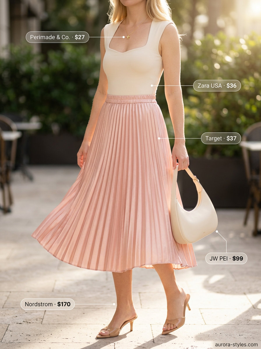 Blush pink satin skirt, cream knit bodysuit, and gold necklace for trendy summer wardrobe ideas 2026 women.