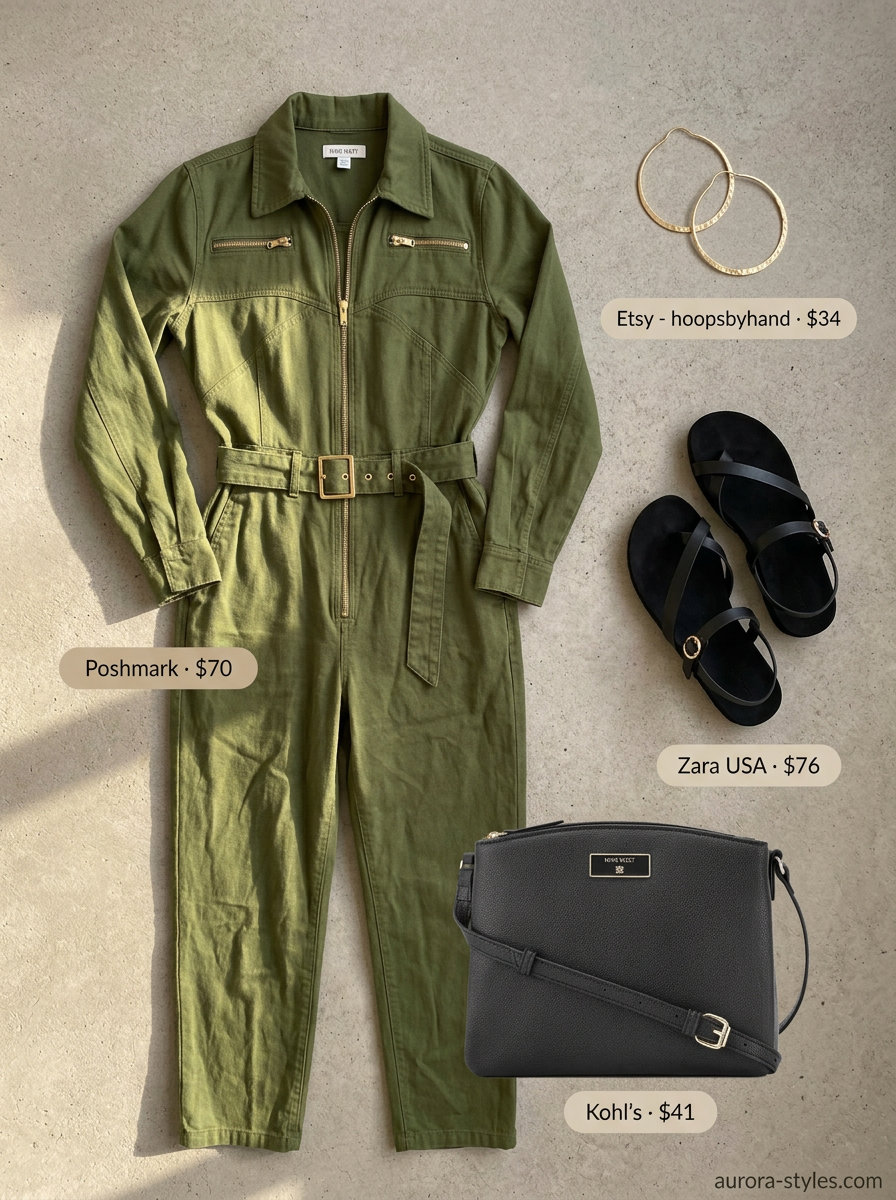 Olive green linen jumpsuit, black leather sandals, and gold hoop earrings for trendy summer wardrobe ideas 2026 women.
