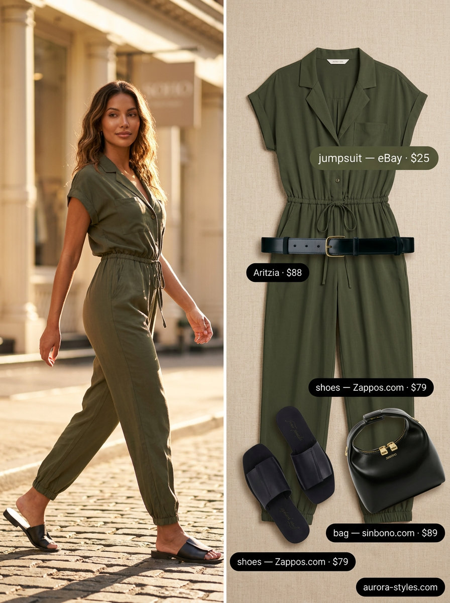 Urban safari outfit: olive green utility jumpsuit, black belt, black crossbody bag, black slide sandals.